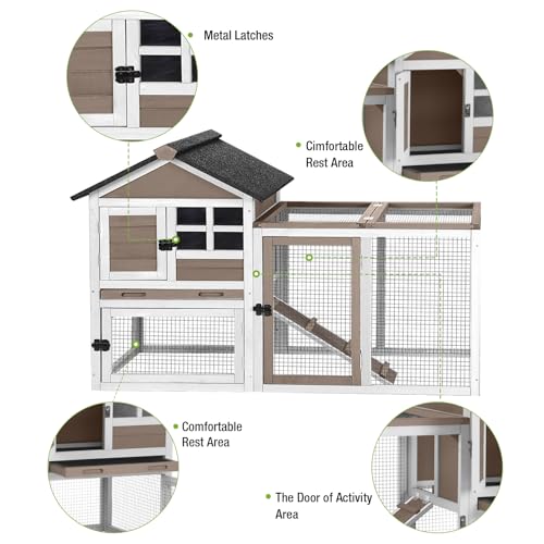51.6’’ Large Rabbit Hutch Indoor Outdoor, Bunny Cage with Run, Wooden Rabbit House with Anti-Chewing Ramp, Waterproof Roof and Leakproof Deeper Tray (Brown) - color: Brown