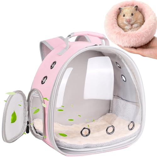 2-Pack Guinea Pig Backpack and Burrowing Bed, Portable Small Animal Cage with Bubble Clear Window, Plush and Fluffy Hideaway Pet Bed for Piggies, Hamster - color: Pink