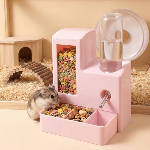 2 in 1 Hamster Water Bottle, No Drip 120ml Hamster Water Bottle, Gravity Hamster Food Bowl with Snack Bowl, Hamster Cage Accessories for Cage for Guinea Pigs
