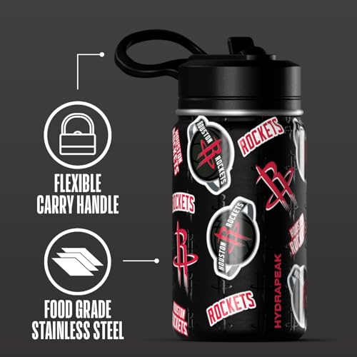 Hydrapeak NBA Officially Licensed Houston Rockets Mini 14oz Kids Stainless Steel Water Bottle with Straw Lid & Flexible Handle, Double Wall Insulated, Spill Proof, Perfect for Back to School - color: Houston Rockets
