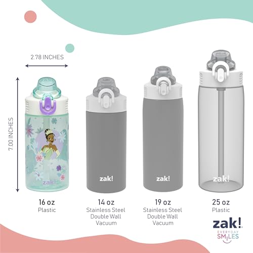 Zak Designs Princess Sage 16oz Leak-Proof Straw Kids Water Bottle, 2-Pack | BPA Free Durable Plastic, Cupholder Friendly, Dishwasher Safe, Easy to Clean, Lid Lock, Handle, For School, Home, Travel - color: Disney Princess (Ariel, Cinderella, Jasmine, Moan