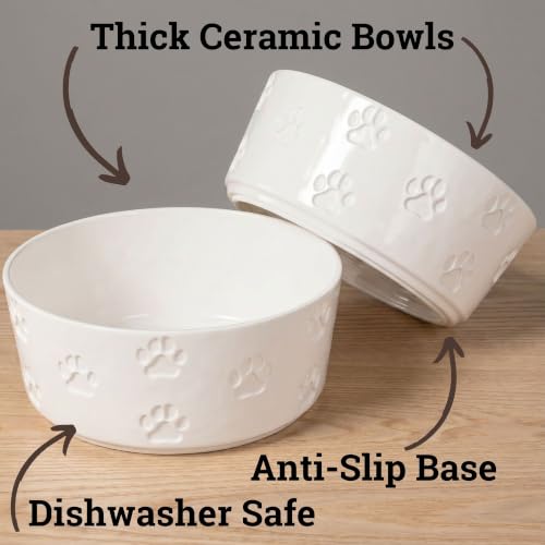 Ceramic Dog Bowl Set of 2 w/ Anti-Skid Base 6.5"W x 2.5"H, 3.8 Cup Capacity | Thick Ceramic, Dishwasher Safe, Anti-Skid Rubber Base, 3.8 Cups per Bowl, Ceramic Food & Water Bowls Set of 2 for Medium Dogs - color: White, size: Medium