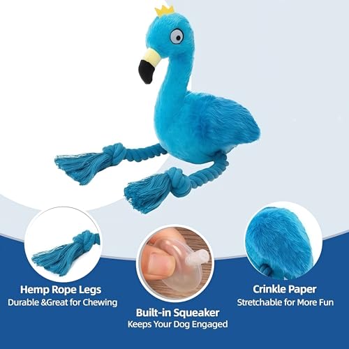 Flamingo Dog Toy, Squeaky Plush Rope Toy for Tug and Play | Fun sound stimulation for chewing, shaking and active play - color: Blue Flamingo