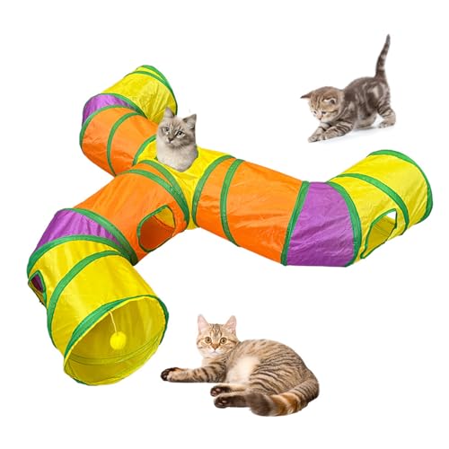3-Way Cat Tunnels for Indoor Cats with Peek Hole, Large Foldable Rainbow Pet Tube Toy with Hanging Ball, Fun Interactive Toys for Kittens, Rabbits, Small Dogs - size: T Shape