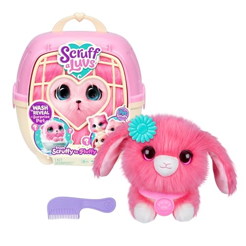 ScruffaLuvs Pink Surprise Pet, Mystery Plush Toy, Wash to Reveal | Wash to reveal 1 of 3 rescue pets, includes deluxe carrier & comb; plush toys for girls ages 3+, gift - style: Pink