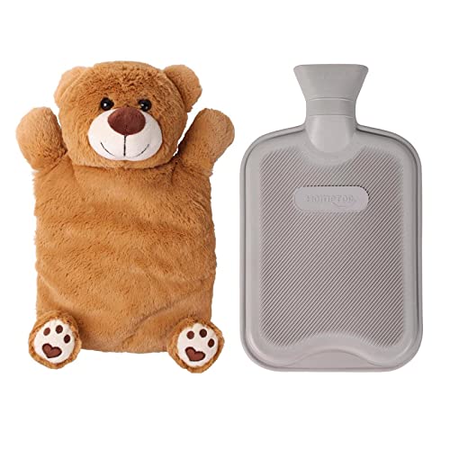 HomeTop Premium Classic Rubber Hot Water Bottle with Cute Bear Cover | Natural rubber hot water bottle,Long-lasting heat retention,Snuggly all-night warmth - color: Grey