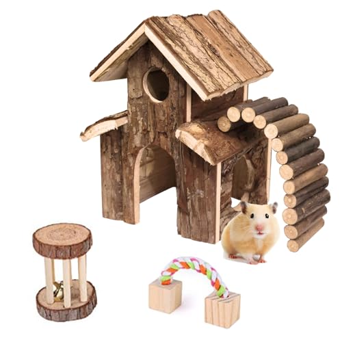 Small Animal Amusement Wooden Villa House Hideouts Playground with Ladder, Fit for Chinchilla, Guinea Pigs, Gerbil, Dwarf Mice, Hedgehog (4 Pcs)