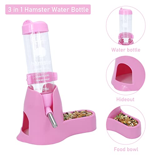 Wontee 3 in 1 Hamster Water Bottle with Food Bowl Hideout Base, 125ML, Pink | Water dispenser, food container, hideout, stable base, easy to refill, for glass tank/cage, dwarf hamster/mouse/gerbil, 4.2oz - color: Pink, size: 125ML