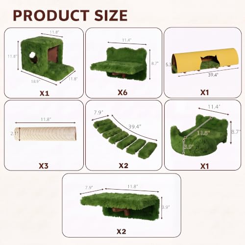 16-in-1 Cat Wall Shelves, Cat Furniture w/Tunnel & Bridge, Green | Wall Mounted Cats Shelf Set with Plush Fabric, Cat Climbing Wall Systems for 16 Inch Drywall, with Scratching Posts, Condos - color: Green, size: 16-in-1