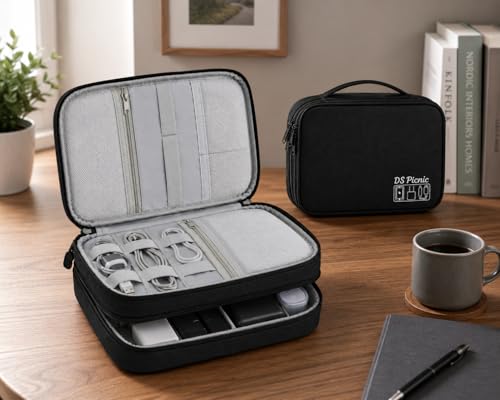 Electronic Organizer Travel Essentials Case, Waterproof Double Layer Cable Storage Pouch Bag for Charger, USB Cords, Power Bank, Phone Mouse SD Card Earphone Camera, Tablet (Up to 11 inch)