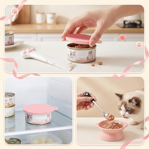 4 PCS Pet Food Can Accessory Set, Reusable Pink Silicone Can Lids with Feeding Shovel and Stainless Steel Spoon for Cat Dog Wet Food Storage