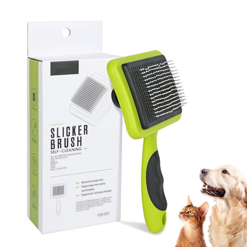 Green Self Cleaning Slicker Brush for Dogs&Cats for Shedding | Skin-Friendly,Bead-Tipped Metal Comb Teeth,TPR Overmolded Handle,Dog Brush for Shedding,Gentle Remove Loose Hair Tangles