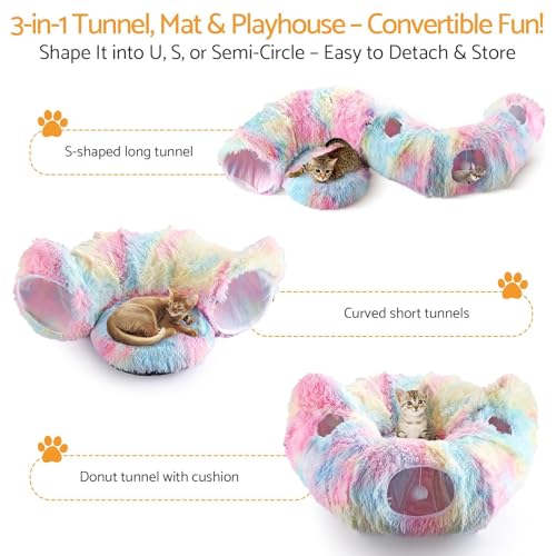 Cat Tunnel Bed, Collapsible Cat Tunnel with Washable Cushion,3-in-1 Multi-Functional Play Tunnel with Peek Holes & Ears, Indoor Playhouse for Cats Kittens Rabbits Small Dogs,Gift for Pet - color: Rainbow