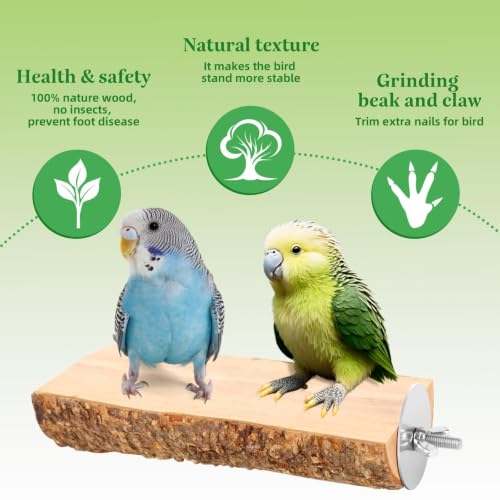 2 Pcs Natural Apple Wood Bird Perch Platform for Cage | Fits Small Parrots (Budgies, Conures) | Flat Top & Bark Underside to Support Foot Health | Tool-Free Mount