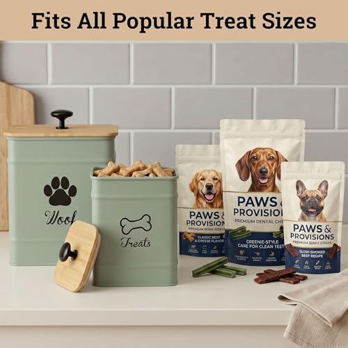 Dog Treat Container Set of 2 with Airtight Bamboo Lids - 8x6 & 7x5 inch | Fits All Popular Treats, Up to 20 Cups Combined Capacity, Airtight Bamboo Lid, Easy Open Lid, Dent-Resistant Durable Metal - color: Sage Green - Large