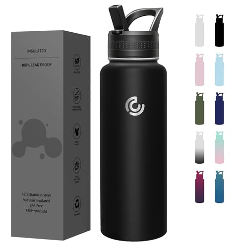 COKTIK 40oz Sports Water Bottle, Stainless Steel Water Bottle for Insulated, Reusable Travel Bottle, With Straw, With Handle Grip for Easy Carrying, Suitable for Cycling, Outdoor Vacations(Black) - color: Black, size: 40 Ounces