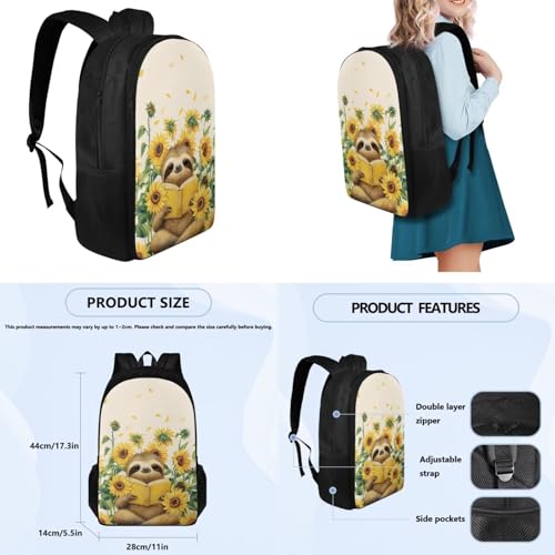 Sunflower Sloth Backpack for Girls 2Nd Grade Boys Bookbag with Lunch Box Large Pencil Case Box and Water Bottles Cover 4 PCS Set Kids 8-10 Comfy Junior High Students School Bag - color: Sunflower Sloth