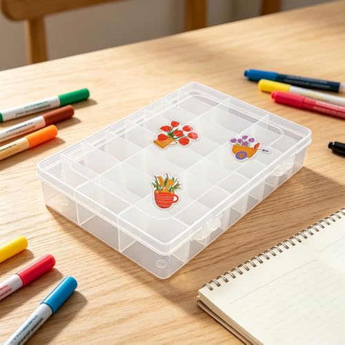 OALCQ Plastic Organizer Box with Dividers, 100 PCS Floral Stickers, 24 Grid Small Parts Storage Container for Beads & Craft, Clear Tackle Case for Screws Jewelry Accessories - style: floral