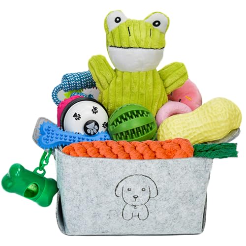 MRSOHRET 20Pcs Puppy Chew Toys for Teething, Dog Chew Toys with Rope Toys, Pet Dog Toothbrush, Treat Balls, Plush Toys and Squeaky Toy for Small Medium Dogs with Basket - color: 20 Pack Frog Style