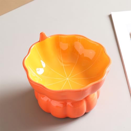 Cute Pumpkin Shaped Raised Ceramic Cat Water Bowl, 9 oz | Whisker Friendly, Anti Vomiting, Elevated Design, Indoor Cats - color: Orange