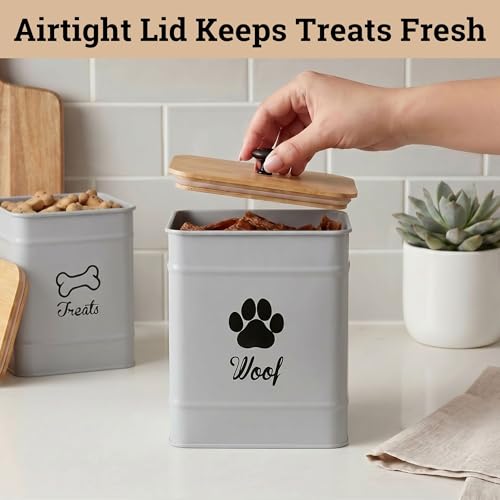 Dog Treat Container Set of 2 with Airtight Bamboo Lids - 8x6 & 7x5 inch | Fits All Popular Treats, Up to 20 Cups Combined Capacity, Airtight Bamboo Lid, Easy Open Lid, Dent-Resistant Durable Metal - color: Gray - Large