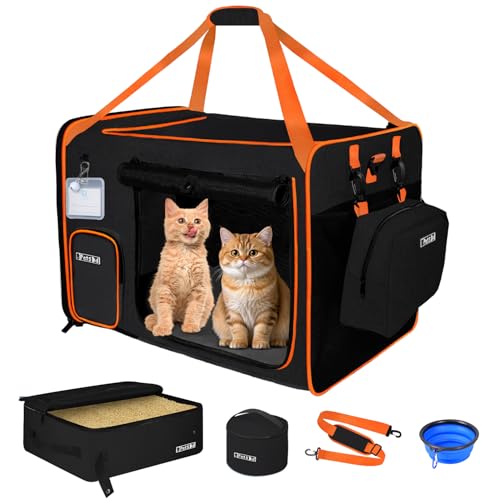 Extra Large Cat Carrier with Litter Box for Car Travel, Black | 24"L x 17"W x 17"H, Lockable Safety Zippers and Seatbelt Loops, for 1 Medium-Large Cat or 2 Small Cats Under 55 lbs - color: Black