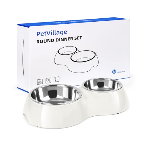 Double Dog Bowls Set – Non-Slip Pet Food & Water Dishes with Resin Stand, Includes Small (1 Cup) & Medium (2 Cups) Bowls – Ideal for Puppies and Cats – White - color: White, size: Medium