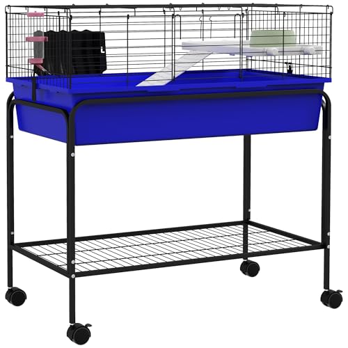 PawHut Two-Story Small Animal Cage Removable from Stand, Guinea Pig Cage with Shelf & Wheels, Pet Habitat for Hedgehog, Chinchilla, Ferret, 33" x 18.5" x 35", Blue | Removable from Stand, Guinea Pig Cage, Pet Habitat for Hedgehog, Chinchilla, Ferret - col
