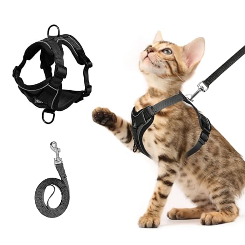 shudyear Cat Chest Harness and Leash Set Adjustable Anti-Escape Soft Mesh Cat Vest for Walking Outdoor(Blcak, M) - size: M