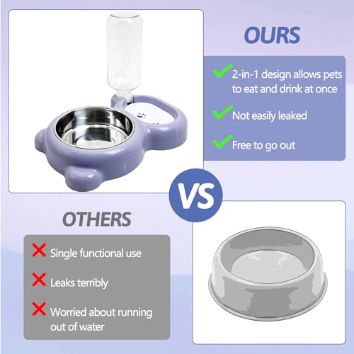 Tfwadmx Double Rabbit Bowls Cat Automatic Feeder with Gravity Water Bottle No Spill Detachable Dog Stainless Steel Bowl Set for Bunny Puppy Kitty Kitten Ferret Squirrel - color: Purple