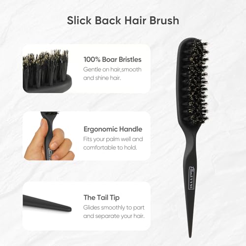 Boar Bristle Slick Back Brush for Smooth Flyaways, For fine to medium hair, Sleek Ponytail, Buns, Small Brush for Smoothing Edge Baby Hair Rat Tail Combs Parting Combs