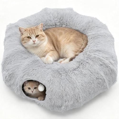 DUMOS Cat Tunnel Bed for Indoor Cats, Cave Donut Play Tunnel, Silver | Soft Plush Peekaboo, Washable Circle Cushion, Multifunctional Playground Under Tree Toys for Kittens, Puppy, Rabbit, Ferret - color: Silver