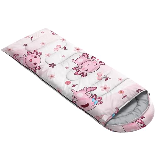 QOOMO Axolotl Cute Camping Sleeping Bags,3 Season Warm & Cool Weather,Lightweight,Waterproof Sleeping Bags for Adults & Kids,Traveling,and Outdoors - color: Axolotl Cherry C9