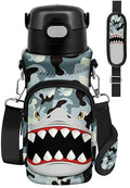 Water Bottle Carrier with Strap for Kids, 14-20 oz | Insulated, Neoprene Water Bottle Holder Bag with Pocket, Cute Cartoon, Bottle Bag for boys and girls, Walking Hiking Camping - color: Camo Shark