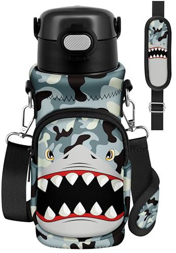 Water Bottle Carrier with Strap for Kids, 14-20 oz | Insulated, Neoprene Water Bottle Holder Bag with Pocket, Cute Cartoon, Bottle Bag for boys and girls, Walking Hiking Camping - color: Camo Shark