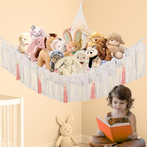 Stuffed Animal Hammock Corner, Plushie Net for Stuffed Animals, Macrame | 55 Inch Cotton Blend, Large Plush Hammock, Corner Net, Hanging Net for Stuffed Animals, Stuffy Hammock, Decor, Gift
