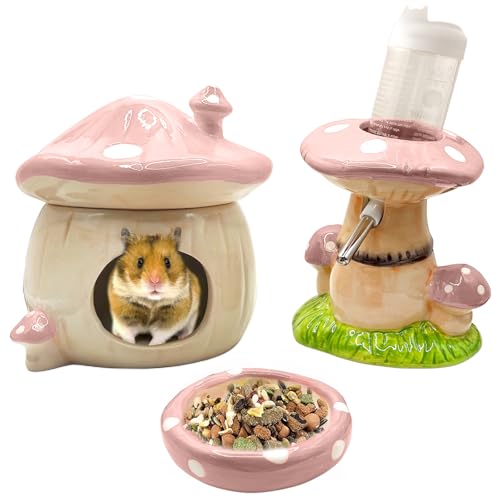 Mushroom Ceramic Hamster Hideout, Water Bottle with Stand, Food Bowl, Hamster Accessories (Pink) - color: pink