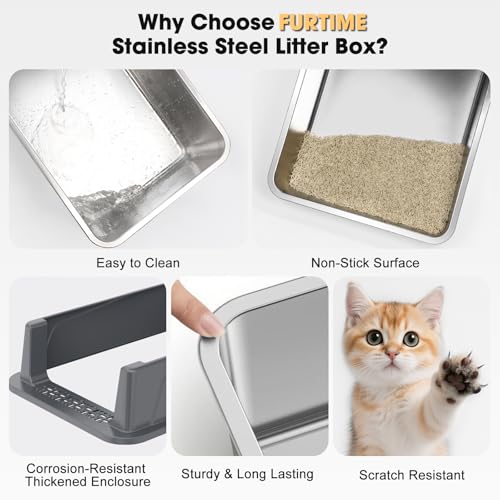 FURTIME Stainless Steel Cat Litter Box, Small Cats Metal Litter Box | High-Sided Open-Top Easy-Clean Litter Pan, Non-Stick, Anti-Leakage, Odor-Free, Comes with Scoop & Mat, 17"×13"×8.4" - color: Grey, size: Small