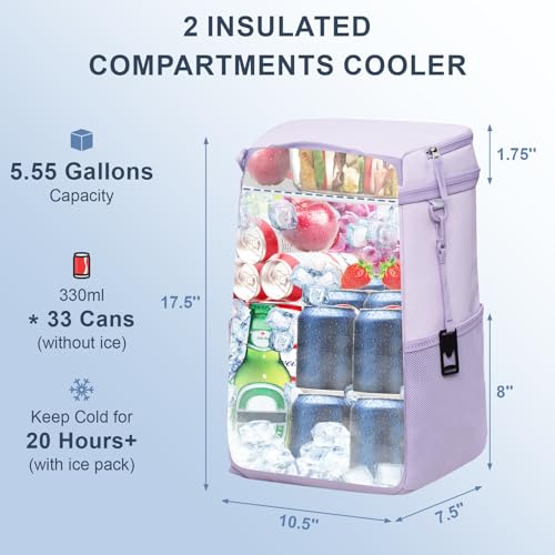 SPARTER Backpack Cooler Insulated Leak Proof 33/49 Cans, 2 Insulated Compartments Thermal Bag, Portable Lightweight Beach Travel Camping Lunch Backpack for Men and Women - color: Lilac, size: 33 Can
