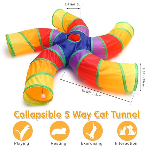 Poen 21 Pcs Cat Tunnel for Indoor Set Collapsible 5 Way Tubes with 20 Pcs Cat Kitten Toys Interactive Feather Toy Mouse Crinkle Balls Tube for Puppy Kitten Rabbit(Colorful) - color: Colorful
