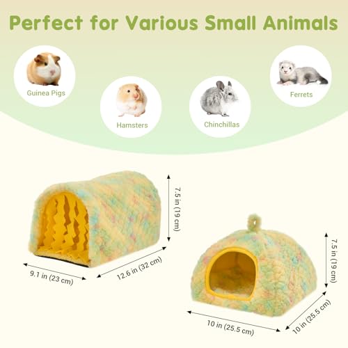 Avont 2-Pack Guinea Pig Tunnel & Hideout Bed Set | Washable Hideout & Tunnel Set, Breathable Fleece, Dual Entrances, Removable Pad, Blue or Yellow - color: Yellow