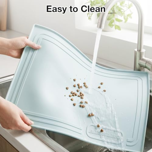 22x19 Pet Feeding Mat Waterproof Nonslip Cats and Dogs Water Bowl Mat | Silicone 0.59" Raised Edges Contain Food & Water Spills, Easy To Clean, Bpa-Free, Reinforced To Resist Collapse,Light Blue - color: Light Blue