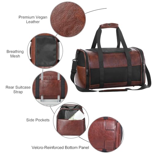 Fashion Dog Carrier Pet Carrier Airline Approved Cat Carrier for Small Dogs Cats Under 15 Lbs, Vegan Leather Collapsible Soft Sided Travel Puppy Carrier - color: Saddle Brown