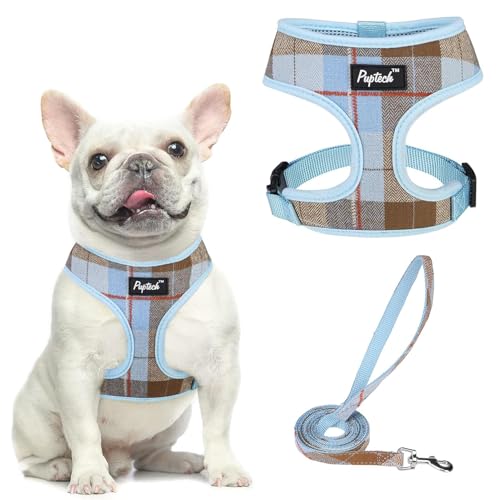 PUPTECK Soft Mesh Dog Harness and Leash Set Pet Puppy Cat Comfort Padded Vest No Pull Harnesses, Blue&Brown, S - color: Blue&Brown, size: S (NECK: 12", CHEST: 14"-18")