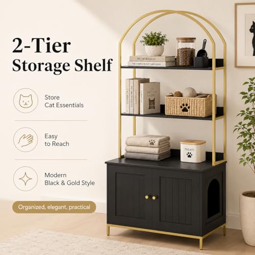 Homhedy Cat Litter Box Enclosure with 2-Tier Shelves, Black and Gold | Litter Box Furniture Hidden, Indoor Cat House, Wooden Cat Washroom Furniture with Metal Frame, Modern Style - color: Black and Gold