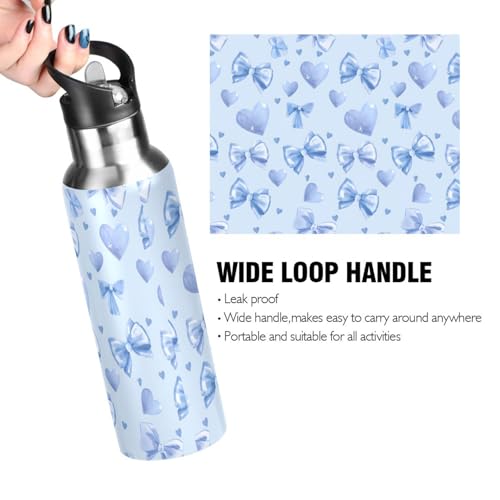 Light Blue Bows Hearts Water Bottle Kids Insulated Sports Vacuum Stainless Steel Mug with Straw Lid & Handle 20 oz - color: C2979