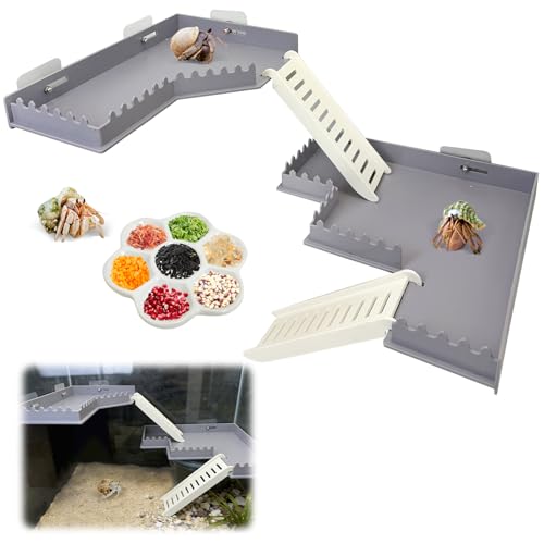 Hermit Crab Climbing Platform L-Shaped & M-Shaped Hermit Crab Climbing Toys with Ladder and Food Dish Habitat Tank Accessories for Reptiles Hamsters Geckos Small Lizards (Gray)