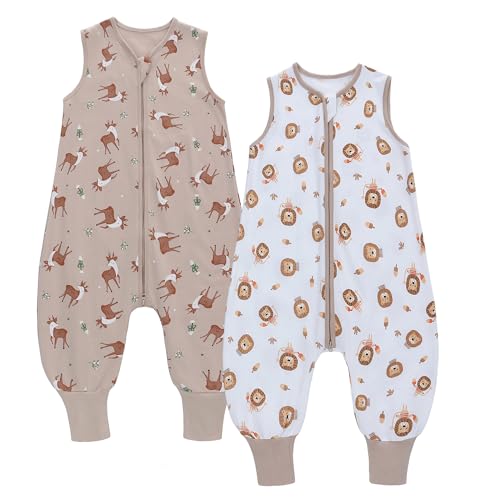 Miracle Baby Sleep Sack with Feet, 0.5 TOG 100% Cotton Wearable Blanket with Legs, Sleeveless Sleeping Bag for Babies(2 Pack) - color: Lion + Deer, size: S (6-18 Months)