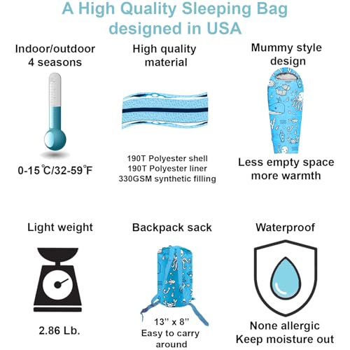 KidzAdventure Mummy Style 32 – 59F Kids Sleeping Bag with Pillow Sleeve, 4 Season, Lightweight and Backpacking Style, Ideal for Camping, Sleepover, Boys, Girls, and Youth - color: Aqua kids up to 4\'3"