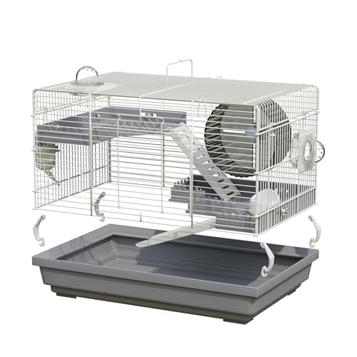 Dwarf Hamster Cage Starter Kit 19x12x12in for Dwarf Hamsters Robo Hamsters | Multilevel Dwarf Hamster Cage with Silent Wheel Ø6", 2 Platforms, 2 Tube Ports, Ladders, Water Bottle, Food Bowl - color: Gray